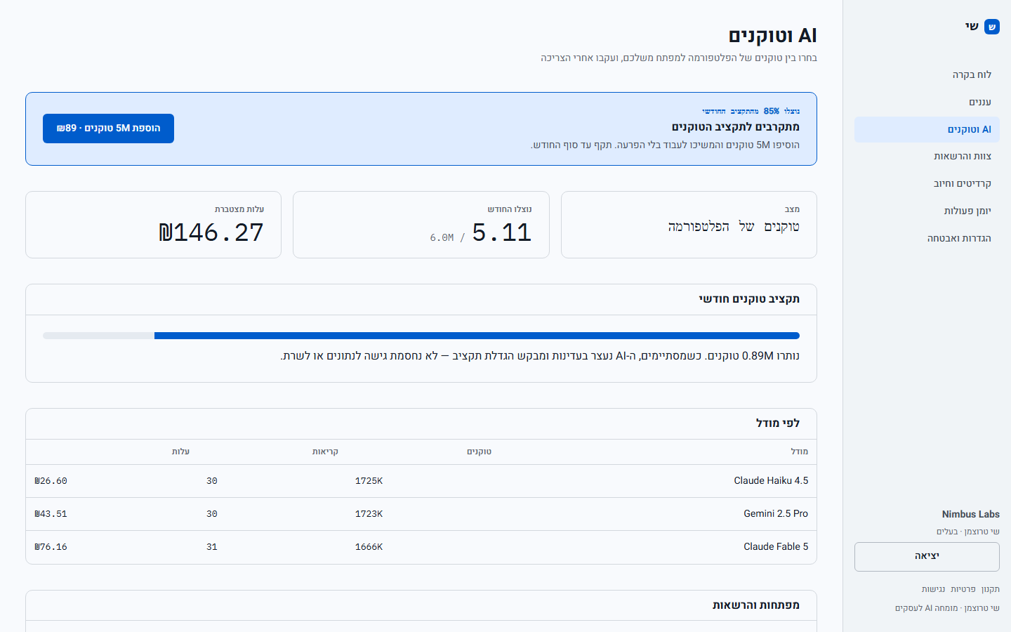 מסך ניהול טוקנים ומפתחות AI
